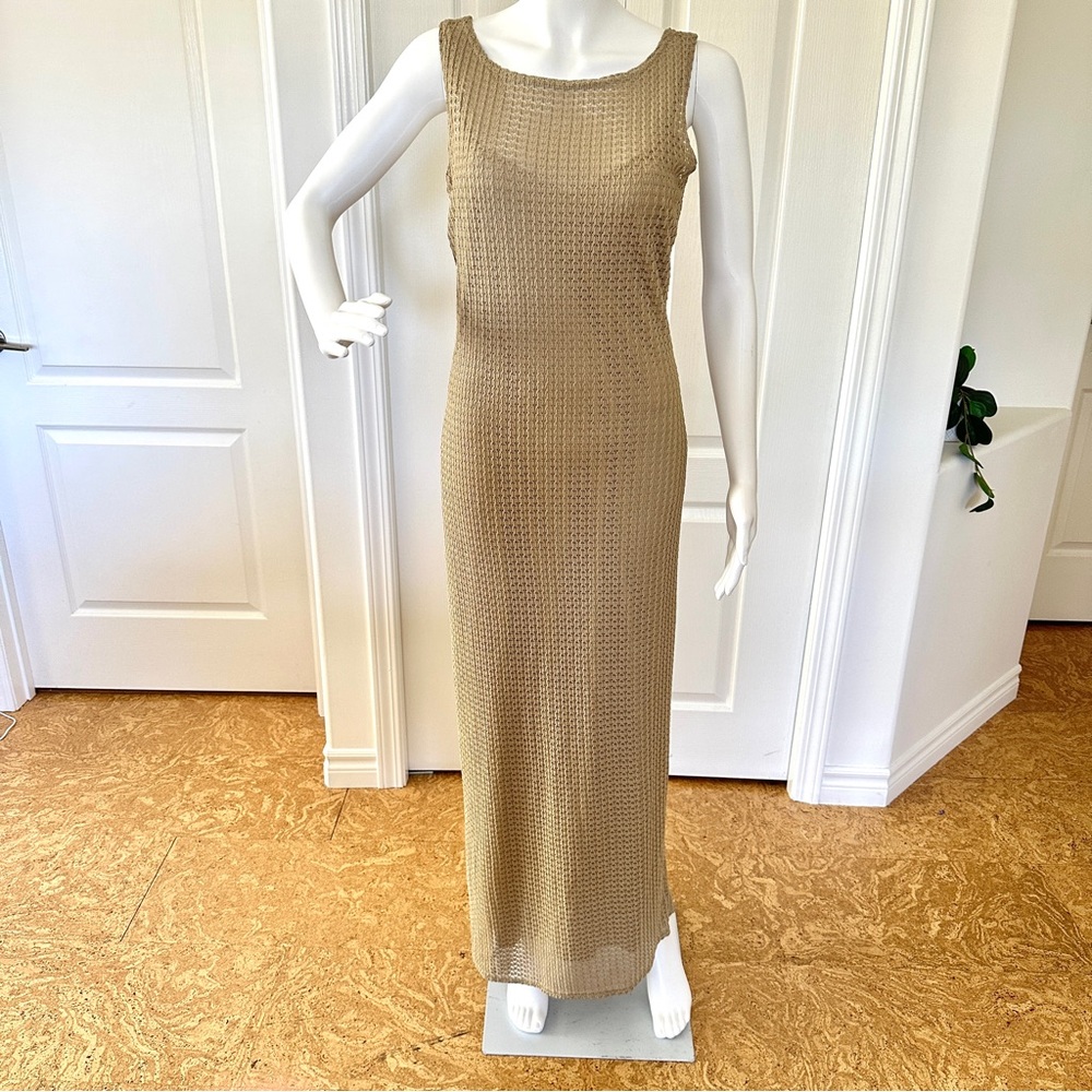 Vintage Mesh Crochet Tan Maxi Dress with Lining (M)